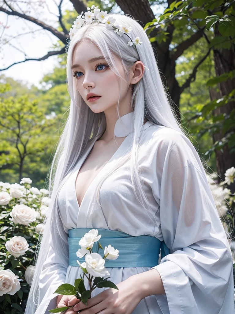 Long white hair, blue eyes, serious features, white skin, loose style, in a garden, with flowers , in the forest ,in the Sakura Korea ,Korean Palace