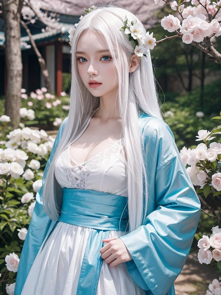 Long white hair, blue eyes, serious features, white skin, loose style, in a garden, with flowers , in the forest ,in the Sakura Korea ,Korean Palace 