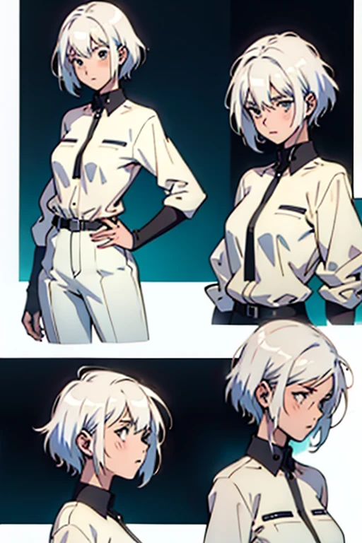 Girl with short white hair small and really skinny, sighing, manga page with panels and dialogue