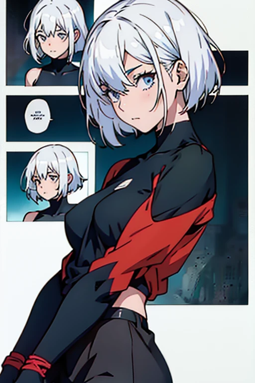 Girl with short white hair small and really skinny, sighing, manga page with panels and dialogue