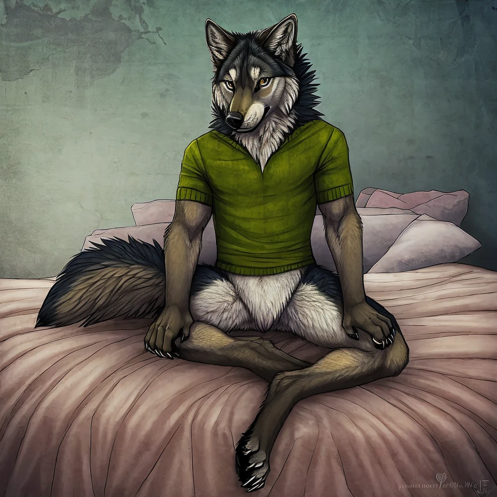 by cedarwolf,anthro,solo,male,mammal,canid,canine,wolf,canis, hi res,fur,clothed,bottomless,front view,sitting,looking at viewer,claws,featureless crotch,bed,inside,digitigrade,full body