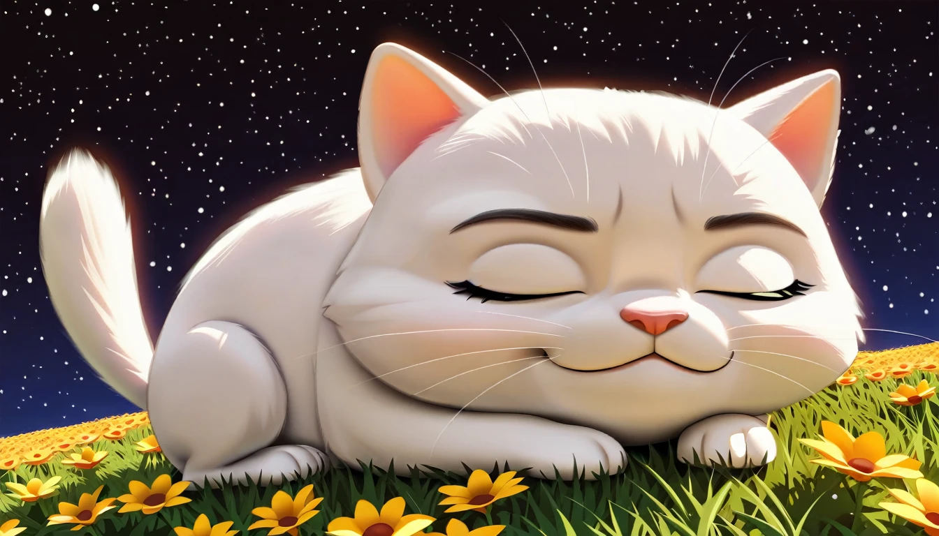 Fluffy white cat、Chibi Style、cute、Fantasy art、１６：９、Sleeping in a flower field、３D Vector Art、Starry sky background、Pixar Style、high resolution、Fantasy