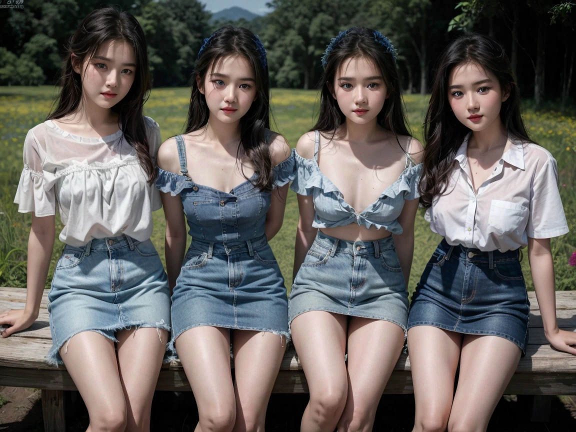 (4 Girls), Indonesian baby face, 12 years, white skin, Round breast, blue eyes, meadow, silver hair, 8K, The details are very realistic...., The best of photography Wear a jeans skirt.... 