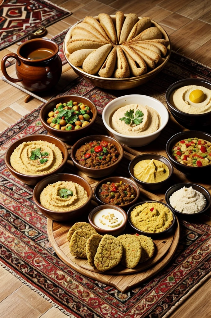 Arabic rug on the floor, food on it, mix of Arabian food, TAJINE, hummus, falafel and bread and tea and Turkish coffee