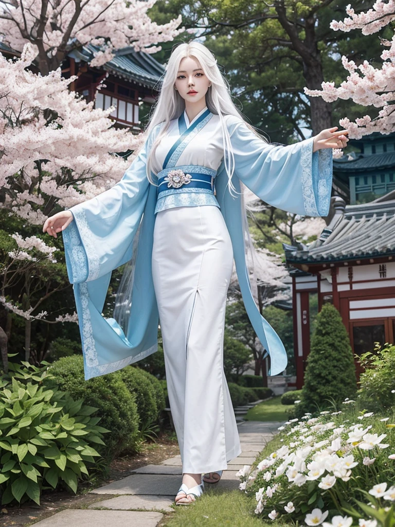 Long white hair, blue eyes, serious features, white skin, loose style, in a garden, with flowers , in the forest ,in the Sakura Korea ,Korean Palace
