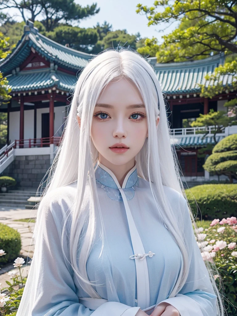Long white hair, blue eyes, serious features, white skin, loose style, in a garden, with flowers , in the forest ,in the Sakura Korea ,Korean Palace
