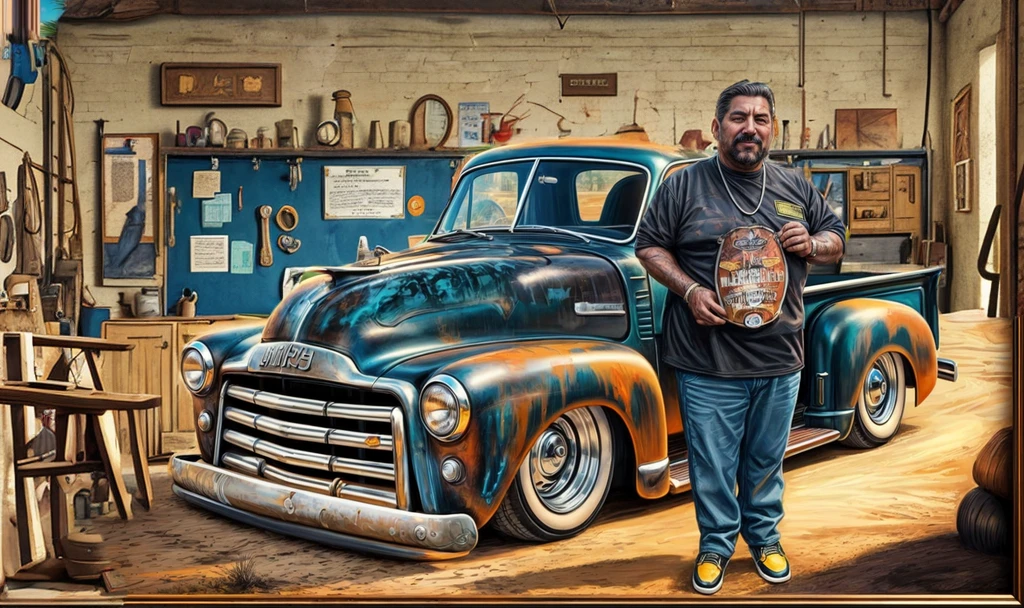 in the background an old workshop with a plaque on the wall saying Lalo 