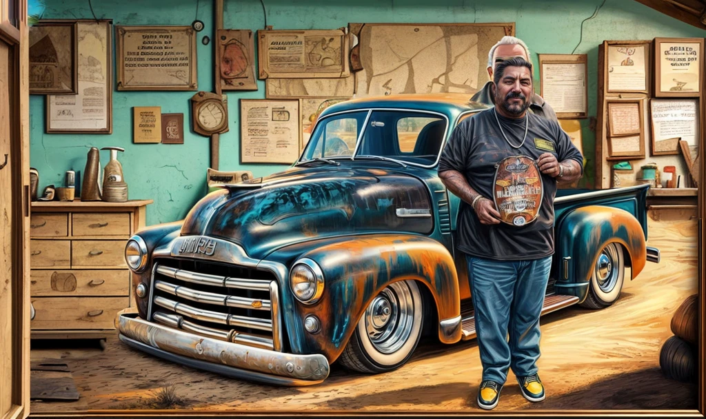 in the background an old workshop with a plaque on the wall saying Lalo 