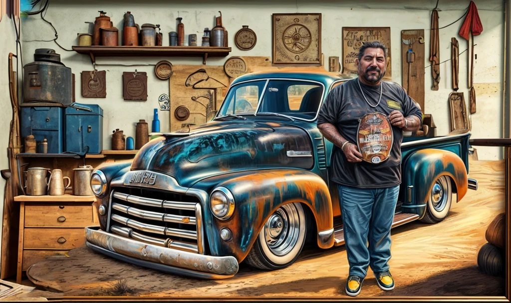in the background an old workshop with a plaque on the wall saying Lalo 