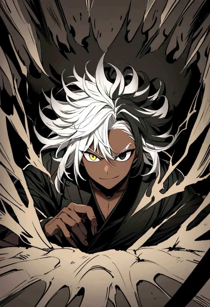 With a black kimono, and silver details  , yellow and black eyes heterochromia , psychotic expression with a slight smile , Messy hair , Medium length hair , masculine , multicolored black and white hair , two tone hair , dark skin color, in a crater covered in black flames, while in attack position