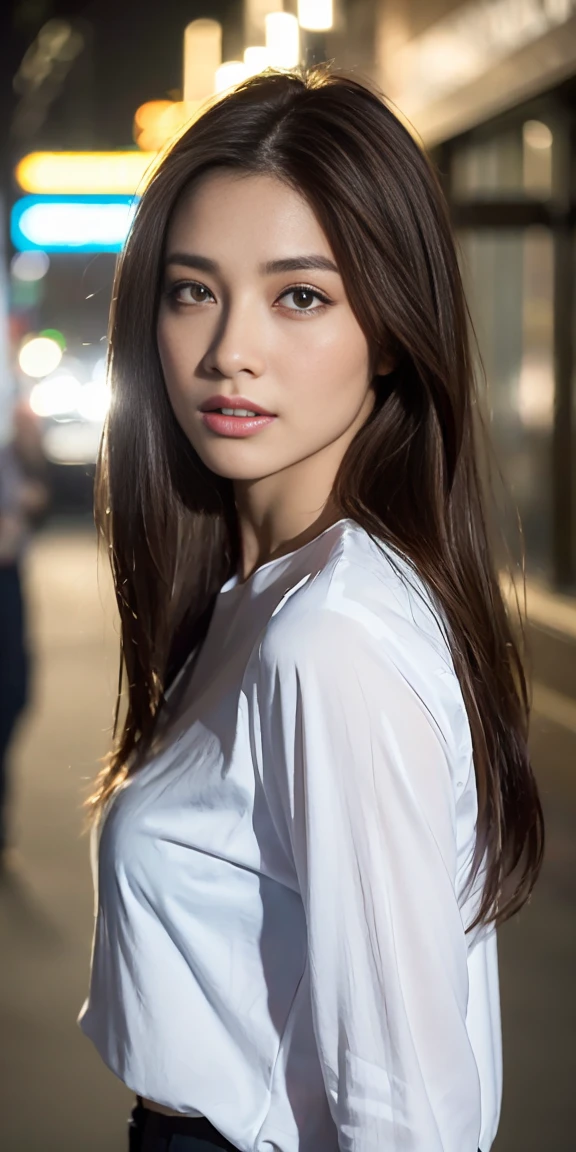 ((Realistic lighting, best quality, 8K, Masterpiece 1.3)), Clarify the focus 1.2, 1 girl, Perfect Body 1.4, Slim Abs 1.1, ((Dark brown hair)), (White shirt 1.4), (outdoor, Night 1.1), City Streets, Super thin face, beautiful eyes, Double eyelids,full-body shot(Full body photography)