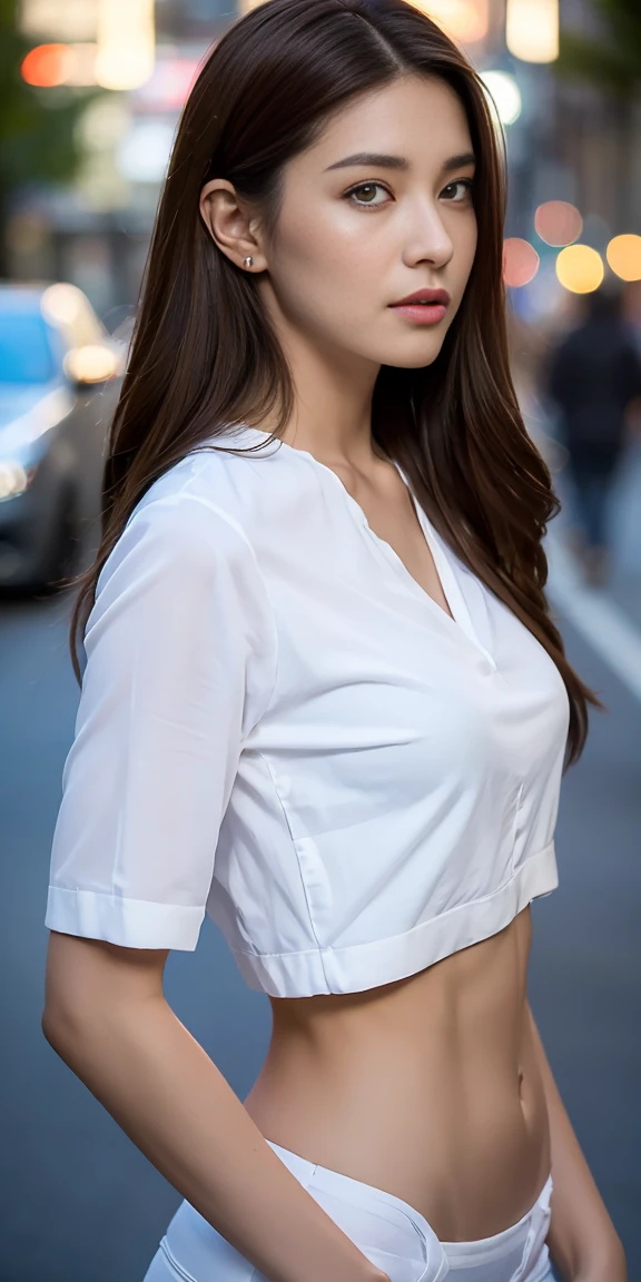 ((Realistic lighting, best quality, 8K, Masterpiece 1.3)), Clarify the focus 1.2, 1 girl, Perfect Body 1.4, Slim Abs 1.1, ((Dark brown hair)), (White shirt 1.4), (outdoor, Night 1.1), City Streets, Super thin face, beautiful eyes, Double eyelids,full-body shot(Full body photography)