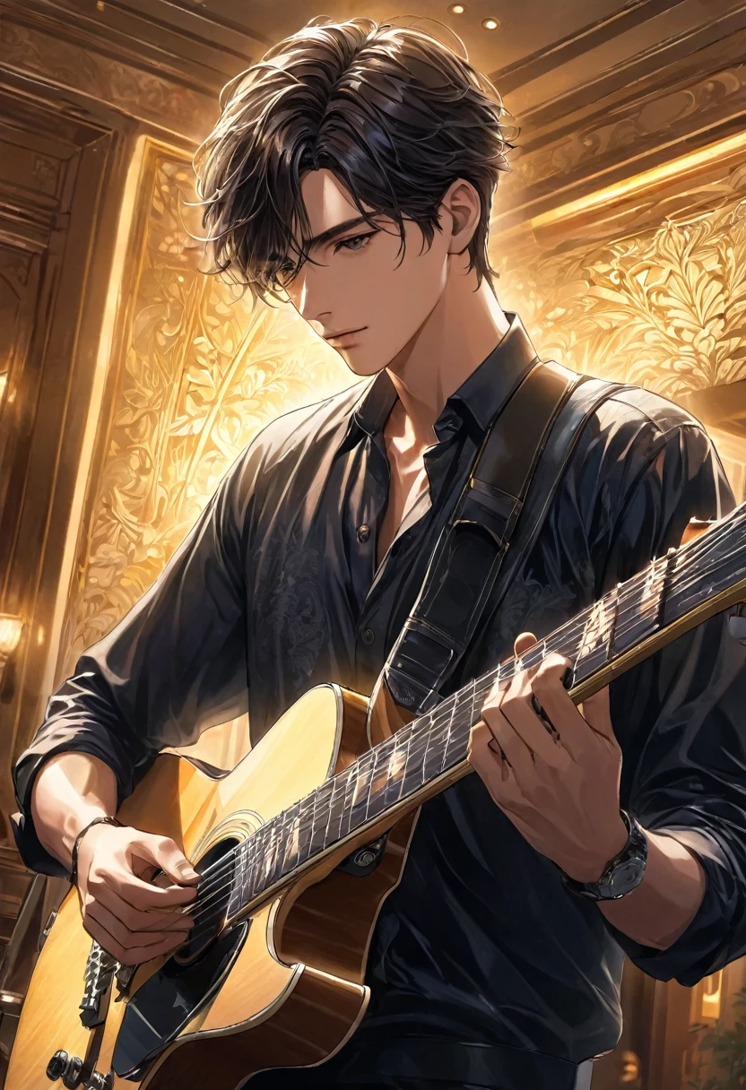 Handsome man , A delicate and handsome guitarist playing guitar(Face clear and perfect)Image，The background is hotel scene lighting art perfect, Beautifully, Intricate illustrations, art work concept art work masterpiece, best quality, Super detailed, HD