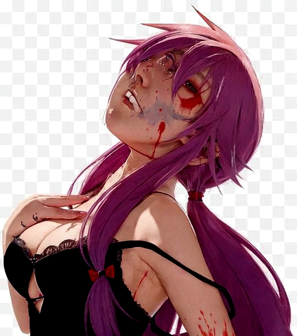 Anime girl with blood on her face and purple hair., Gapmoe Yandere, Gapmoe Yandere Grimdark, yandere, yandere. high, Mirai Nikki, demon anime girl, portrait Gapmoe Yandere Grimdark, travel mirai nikki, seductive anime girl, Gasai Yuno, Pin on anime, Intricate Yandere