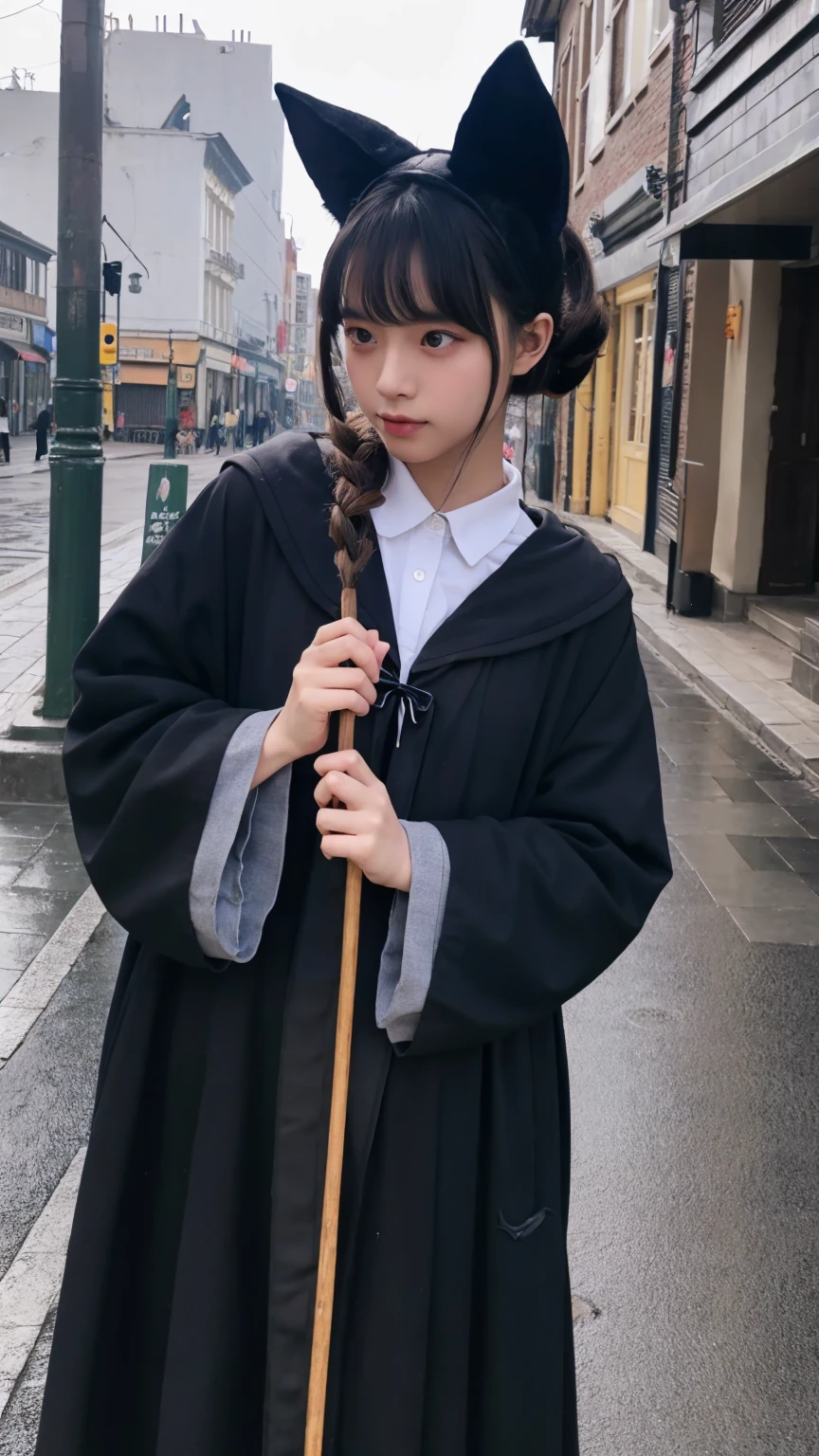 Cat-eared Wizard Girl、Real Video、Long Angle、Black Robe、In the town