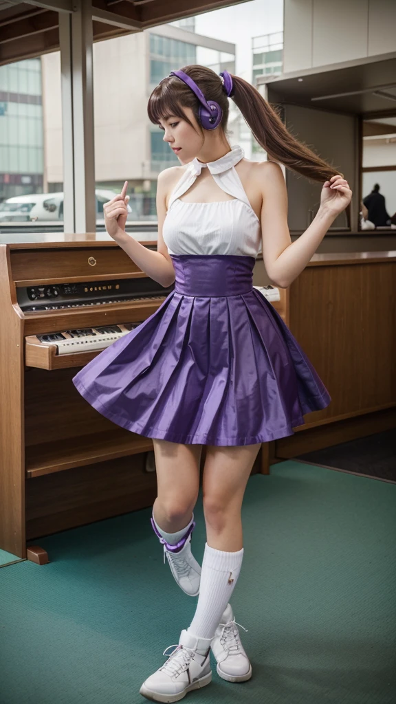 ((masterpiece, best quality))1girl, solo, fashion purple dress modern future, electric guitar, headphones, ponytail, holding, holding plectrum, instrument, very very long brown hair, music, one side up, teal hair, twin tails, playing guiter, pleated long skirt fashion, fashion cosplay japan dress modern purple and white, interior, full body, purple, sit down in retro classic chair, walking, jumping, beautiful boot modern, background japan city, fashion costume cosplay japan modern, execited, dancing, jumping, running, fighting, having lunch