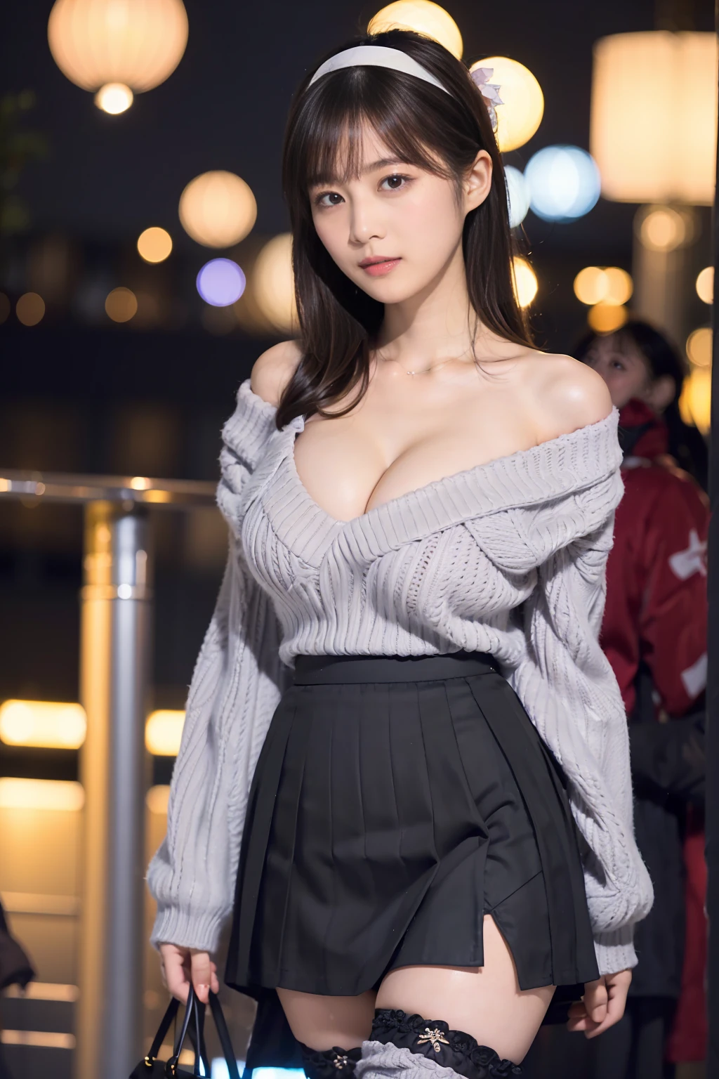 1 Japanese girl,(black sweater:1.4),(She wears a knitted snood around her neck to hide her chin................:1.5), (Knit with only the chest area open),(Raw photo, highest quality), (realistic, Photoreal:1.4), table top, very delicate and beautiful, very detailed, 8k wallpaper, wonderful, finely, very detailedCGの統一性, High resolution, soft light, Beautiful detailed 19 year old, very detailed目と顔, beautifully detailed nose, detailed and beautiful eyes,cinematic lighting,night city lights,perfect anatomy,very big breasts、slender body,smile (hair is dirty, asymmetrical bangs, light brown hair,)、(((exposing one's chest)))、(((exposing nipples)))、Hands are not reflected、