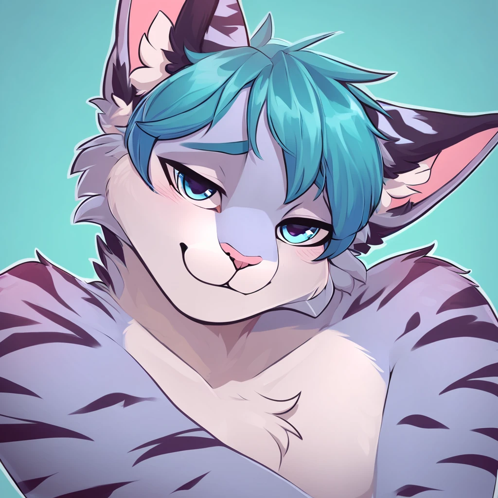 adult, feline, mammal, anthro, anthromorphic, cat, striped, fur, furred_anthro, femboy, male, blue, ear_tufts, purple, paws, hair_tuft, hair_between_eyes, fluffy, expressive_eyes, blue/teal_hair, light looking_at_viewer, blue_fur, shy, small_pupils, spotted_pattern, stripes, tiger_stripes, digital_art, high_resolution, high_res, background, shy, posing, laying_down, pink_paws, paws, profile_picture, head_visible, neck_visible, seductive_look.