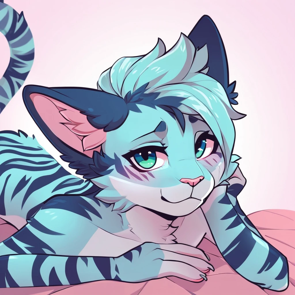 adult, feline, mammal, anthro, anthromorphic, cat, striped, fur, furred_anthro, femboy, male, blue, ear_tufts, purple, paws, hair_tuft, hair_between_eyes, fluffy, expressive_eyes, blue/teal_hair, light looking_at_viewer, blue_fur, shy, small_pupils, spotted_pattern, stripes, tiger_stripes, digital_art, high_resolution, high_res, background, shy, posing, laying_down, pink_paws, paws, profile_picture, head_visible, neck_visible, seductive_look.