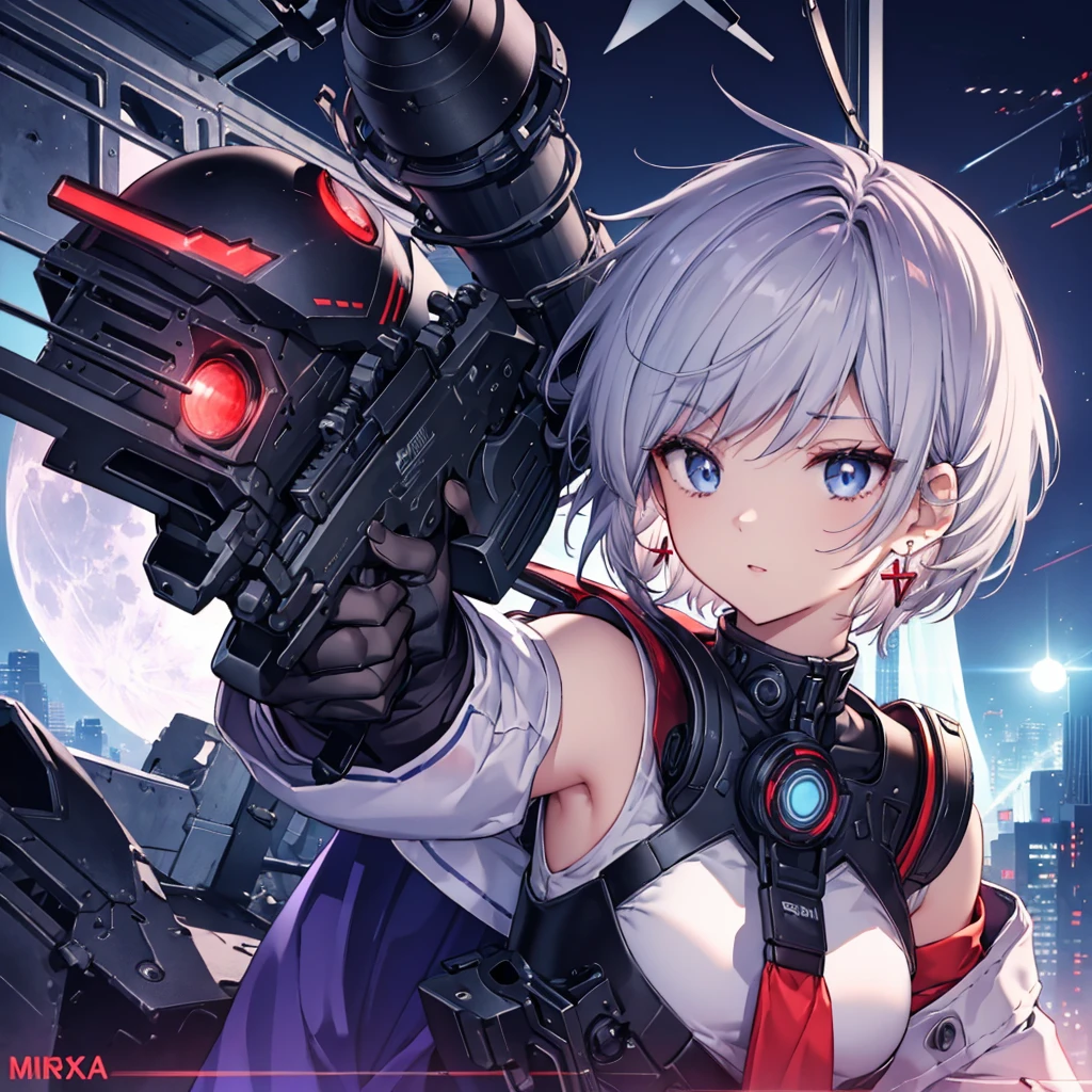 ((Gray Hair Short Hair blue eyes sniper rifle),((Crow night Red full moon)),(rooftop Drop shoulder Sailor suit cyber punk Shiny Earrings Purple light), Sweat A tense look Also々funny Face Headphones