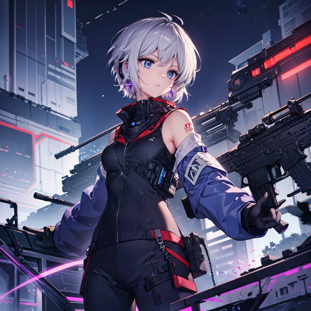 ((Gray Hair　Short Hair　blue eyes　sniper rifle)，((Crow　night　Red full moon))，(rooftop　Drop shoulder　Sailor suit　cyber punk　Shiny Earrings　Purple light)，　Sweat　A tense look　Also々funny Face　Headphones