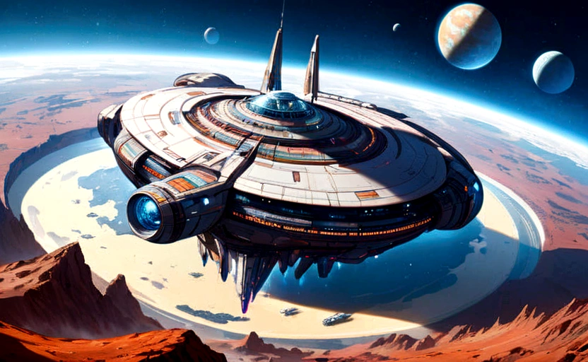 A spaceship arriving on an Earth-like planet, very detailed. a few kilometers from the planet.