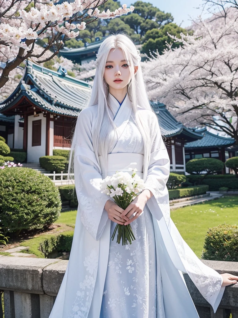 Long white hair, blue eyes, serious features, white skin, loose style, in a garden, with flowers , in the forest ,in the Sakura Korea ,Korean Palace