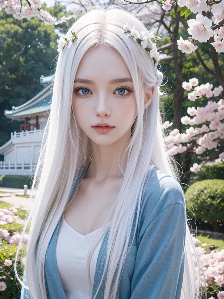 Long white hair, blue eyes, serious features, white skin, loose style, in a garden, with flowers , in the forest ,in the Sakura Korea ,Korean Palace