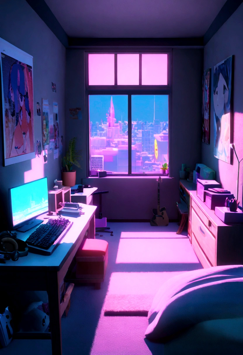 3d animation cinematic still of a cozy room, big windows with city view at night, crested moon, melancholic, sad vibes, bed is unmade, computer desk, cluttered with the mismatched furniture, The otaku style posters on the walls and the guitar in the corner,in style of Pixar, Disney, vaporwave, girl with headphone study on the desk