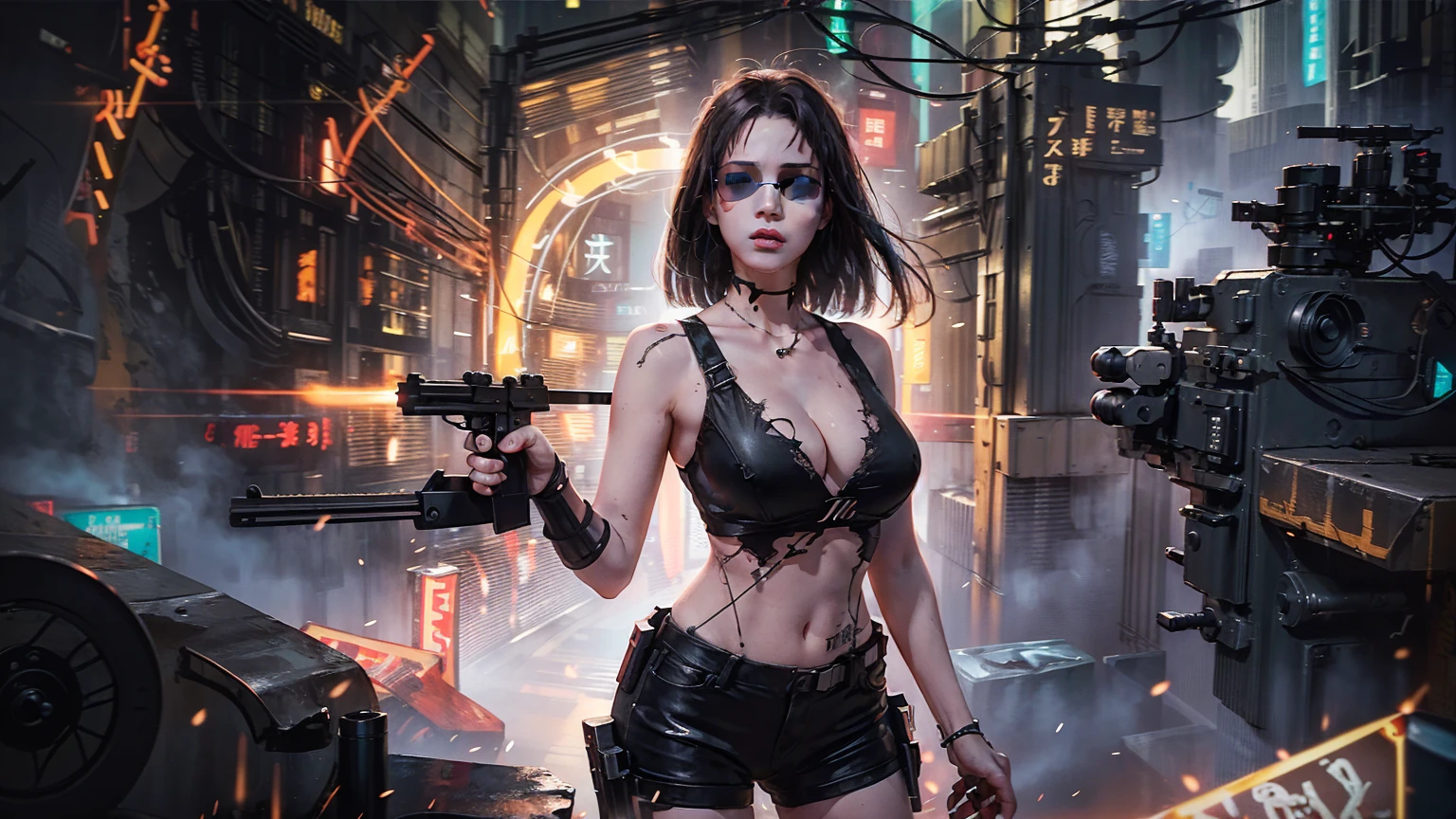 Close-up, a beautiful French woman, tattered clothes, wild long hair, tattered clothes , cleaveage, action movie scene, Dystopian Dinner Cinematic Blade Runner, natta, busy with neon signs, blade runner aesthetics, film cinematography, gangue trash, attractive person, High emphasis on detail, wearing weather technology equipment, gangue trash, full of life, gangue trash, action movie shot by Kon Satoshi, style semi impasto, dark ink, Atmospheric, Ablaze, lighting dramatic, Beautiful eyes, symmetric eyes, perfects eyes. Matrix style, (((Matrix cascading code))), (((a futuristic twin tower skyscraper with a unique twisted design))), (((OLED GUI interfaces in the building))), at night, (((((((1girl, alone, solo))))))), photo realistic, (((((((large-breast:1.2 slim body, cleavage:1.4))))))), (((((off broken mini sling-shirt and black sling bra, G-string:1.4 panty))))), (((running pose))), (((((((((matrix style black micro sunglasses))))))))), ((((((((((aiming with a short gun)))))))))), (((((looking at camera))))), (((very low view))), (((((half-body thigh level medium shot))))), (((cinematic lighting))).