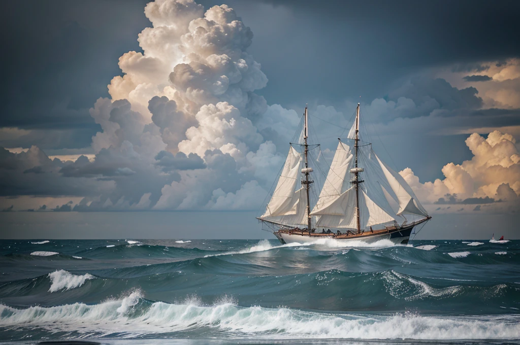 A three-masted sailboat sails across the sea in a strong storm with high waves.