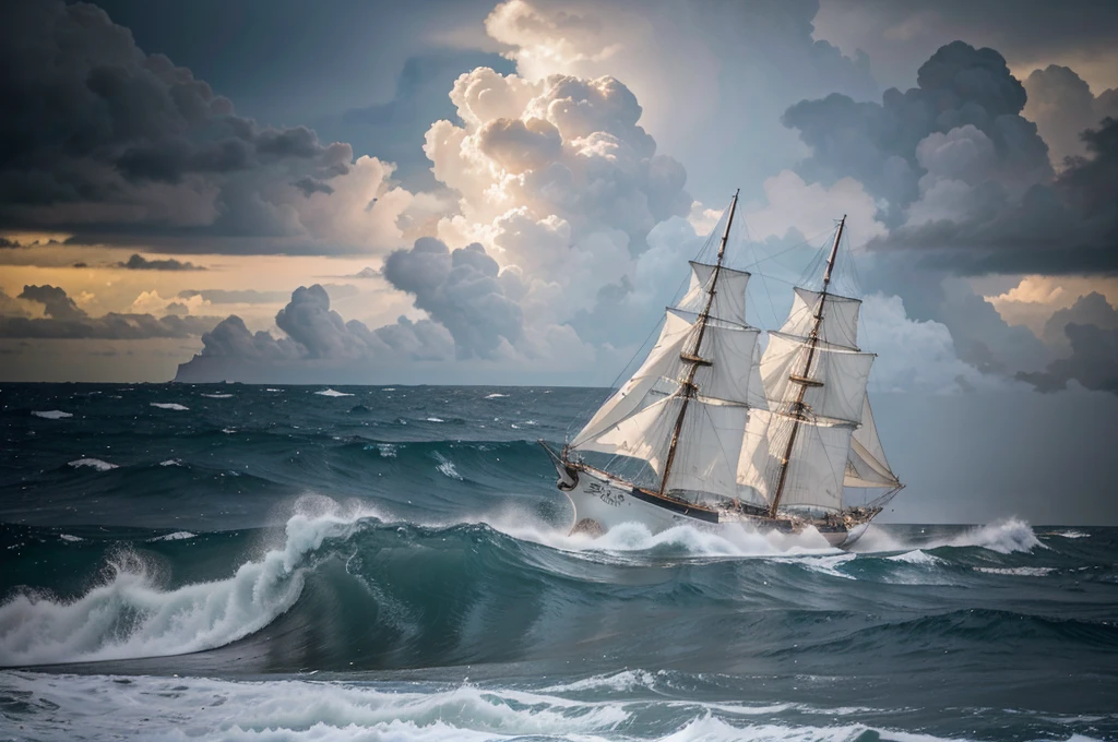 A three-masted sailboat sails across the sea in a strong storm with high waves.