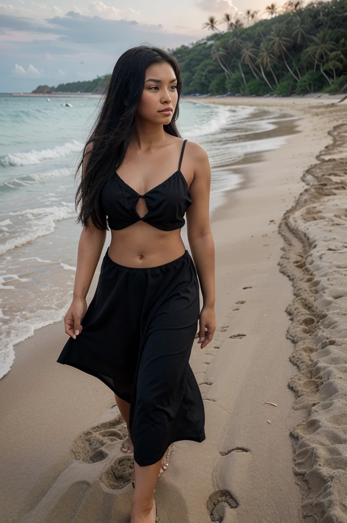 Photo of an extremely tanned, beautiful Filipina with long black hair, walking the beach in the Philippines. She's wearing, black, beautiful summer dress.