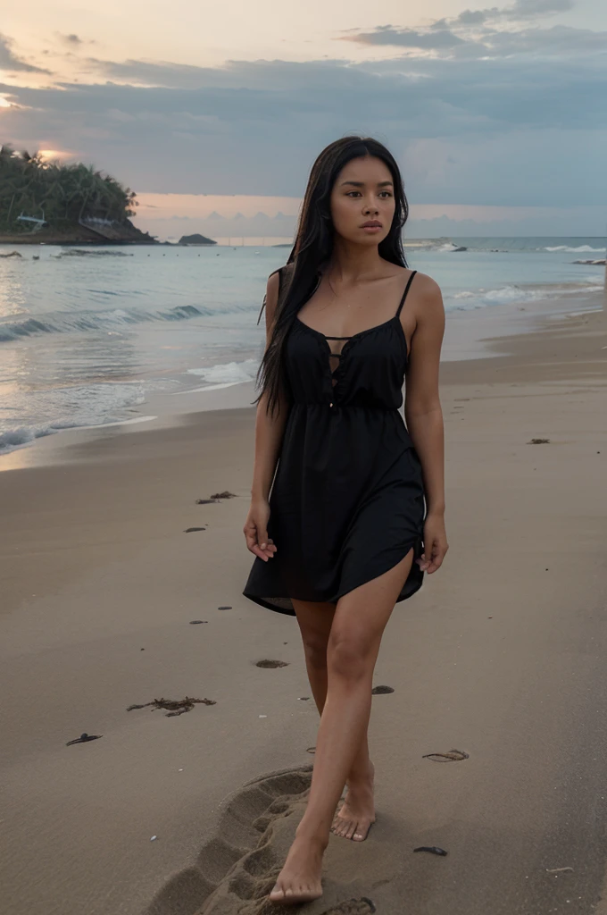 Photo of an extremely tanned, beautiful Filipina with long black hair, walking the beach in the Philippines. She's wearing, black, beautiful summer dress.