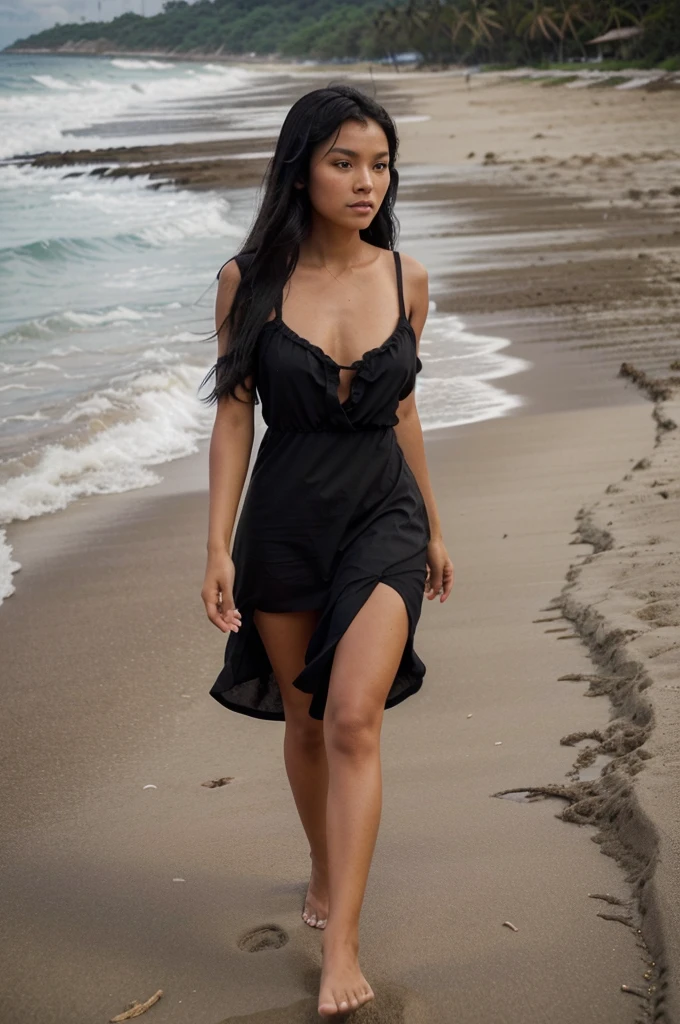 Photo of an extremely tanned, beautiful Filipina with long black hair, walking the beach in the Philippines. She's wearing, black, beautiful summer dress.