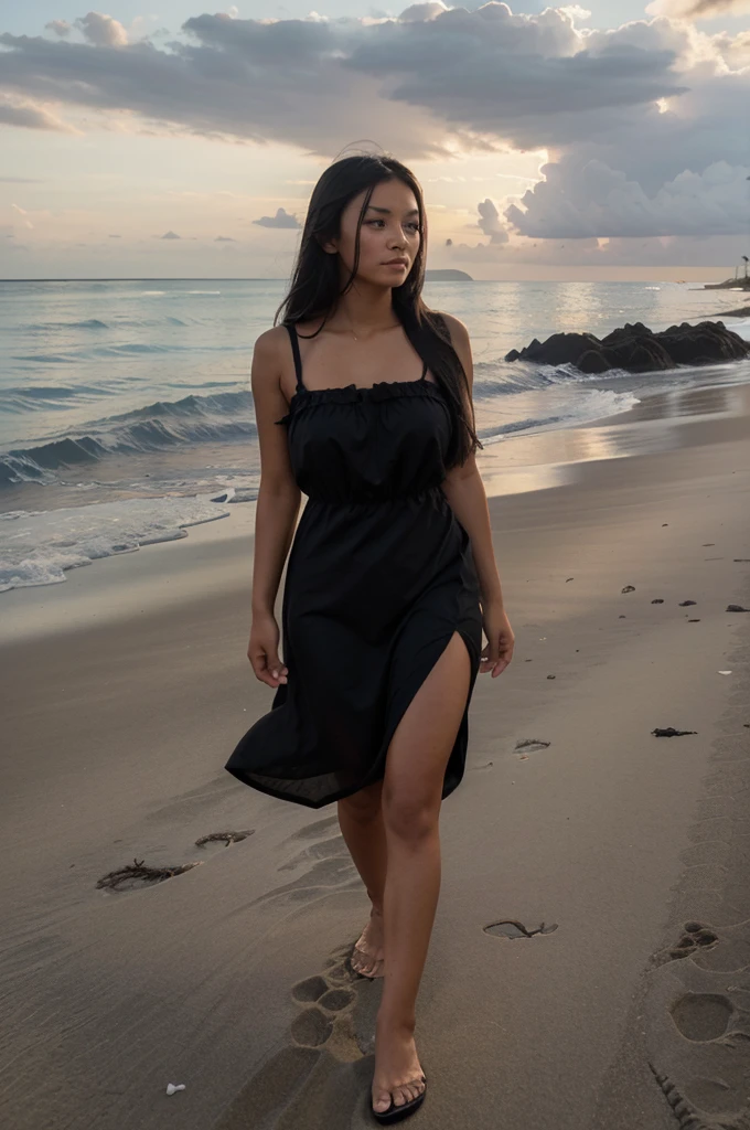 Photo of an extremely tanned, beautiful Filipina with long black hair, walking the beach in the Philippines. She's wearing, black, beautiful summer dress.