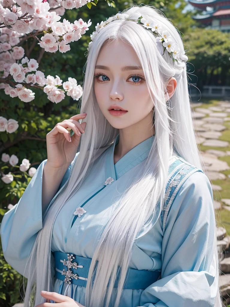 Long white hair, blue eyes, serious features, white skin, loose style, in a garden, with flowers , in the forest ,in the Sakura Korea ,Korean Palace