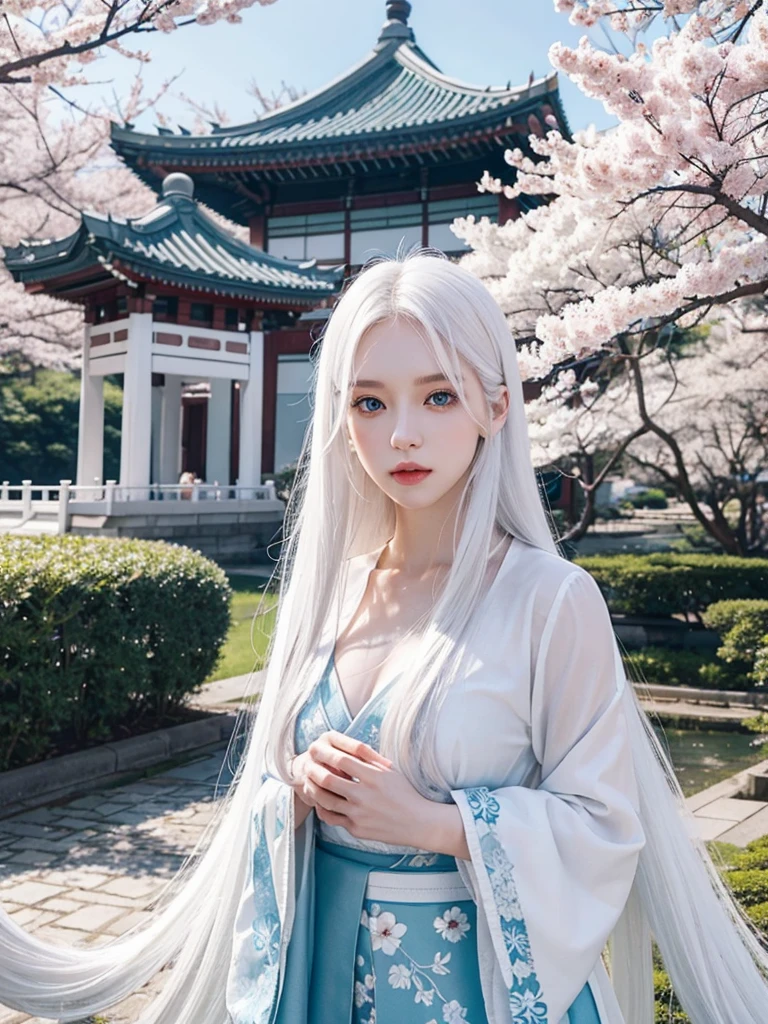 Long white hair, blue eyes, serious features, white skin, loose style, in a garden, with flowers , in the forest ,in the Sakura Korea ,Korean Palace 