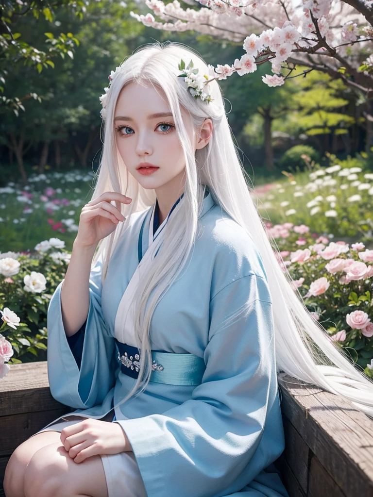 Long white hair, blue eyes, serious features, white skin, loose style, in a garden, with flowers , in the forest ,in the Sakura Korea ,Korean Palace
