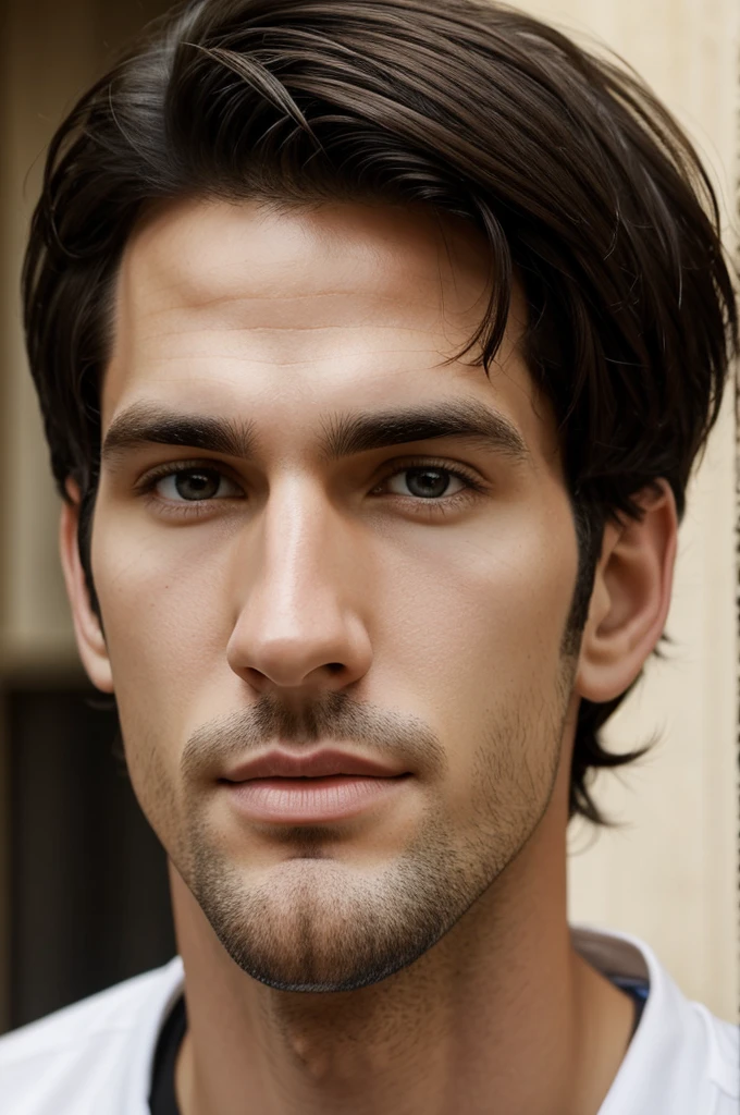 Tall white guy with white brown eyes and short black hair, big nose and lips 