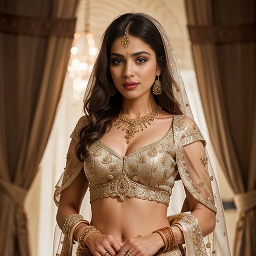This image depicts an exquisitely dressed individual in a traditional South Asian bridal ensemble. The individual is wearing a magnificent, heavily embellished lehenga choli, a style of traditional Indian wedding attire.
The lehenga, or long skirt, is made of a shimmering, metallic-hued fabric adorned with intricate, intricate gold and silver embroidery in elaborate floral and geometric patterns. The choli, or blouse, features a similar embroidered design, creating a harmonious and visually striking ensemble.
A delicate, sheer dupatta, or veil, drapes gracefully over the individual's shoulders, adding an ethereal touch to the overall look. The dupatta is also heavily embellished with glittering embroidery and embellishments, further enhancing the opulent, regal aesthetic.
Completing the ensemble are a series of traditional Indian bridal accessories, including a statement maang tikka headpiece and a heavy, jeweled necklace that adorns the individual's neck. These accessories, along with the individual's carefully styled hair and makeup, contribute to the overall sense of grandeur and magnificence.
The individual's expression is serene and poised, conveying a sense of poise and confidence. The setting, with its neutral background, allows the exquisite details and craftsmanship of the bridal ensemble to take center stage, creating a visually captivating and culturally significant fashion moment.