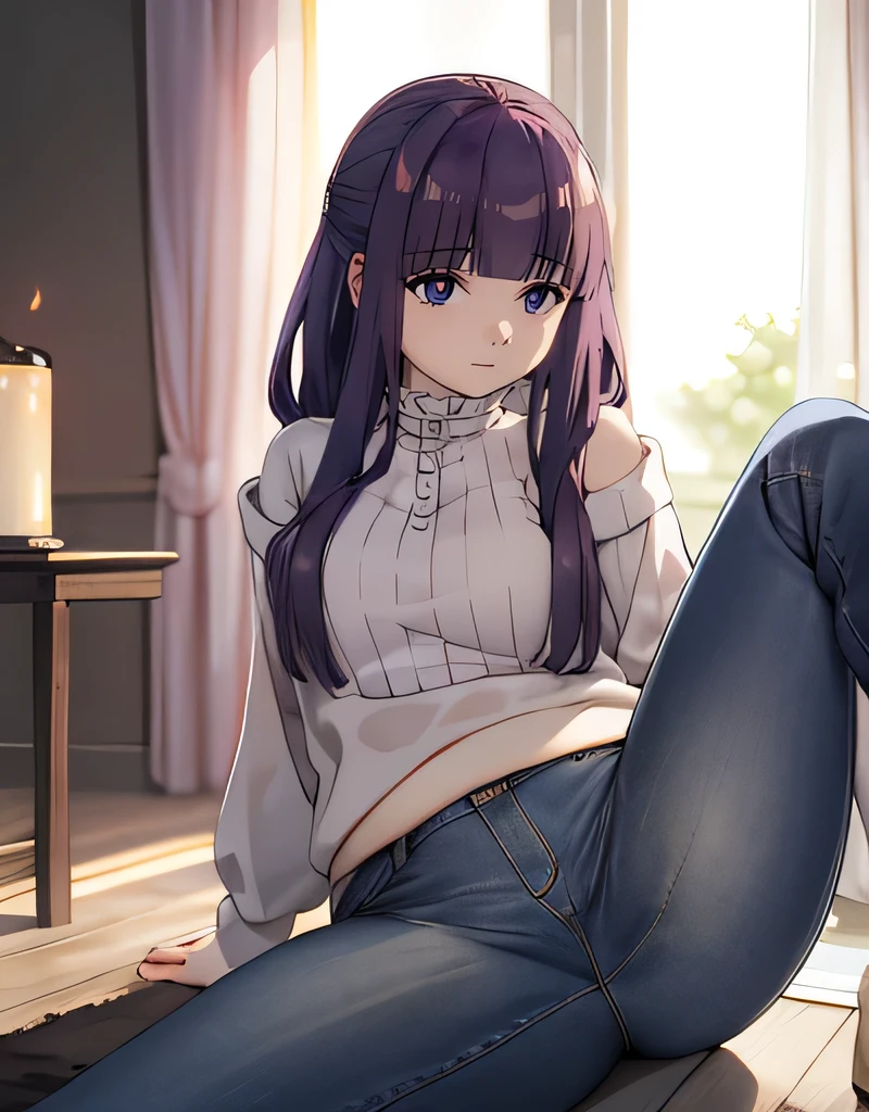 (Highest quality, masterpiece),sexy, erotic, 1 Girl, 18-year-old, despise, pride, Long purple hair, ((Purple eyes)), White Skirt,,Looking at the audience, Medieval Tavern, (close), ((Dark Room)), Sweat, Candlelight, ((blush)), Off the shoulder, Split, floor(((High resolution)))、(((masterpiece)))、Beautiful Japanese Girl、Perfect Face、Cute face、(Plump thighs)、((turtleneck))、(((jeans)))、office、((Sexual Panties:0.9))、((Spread your legs wide:1.4))、