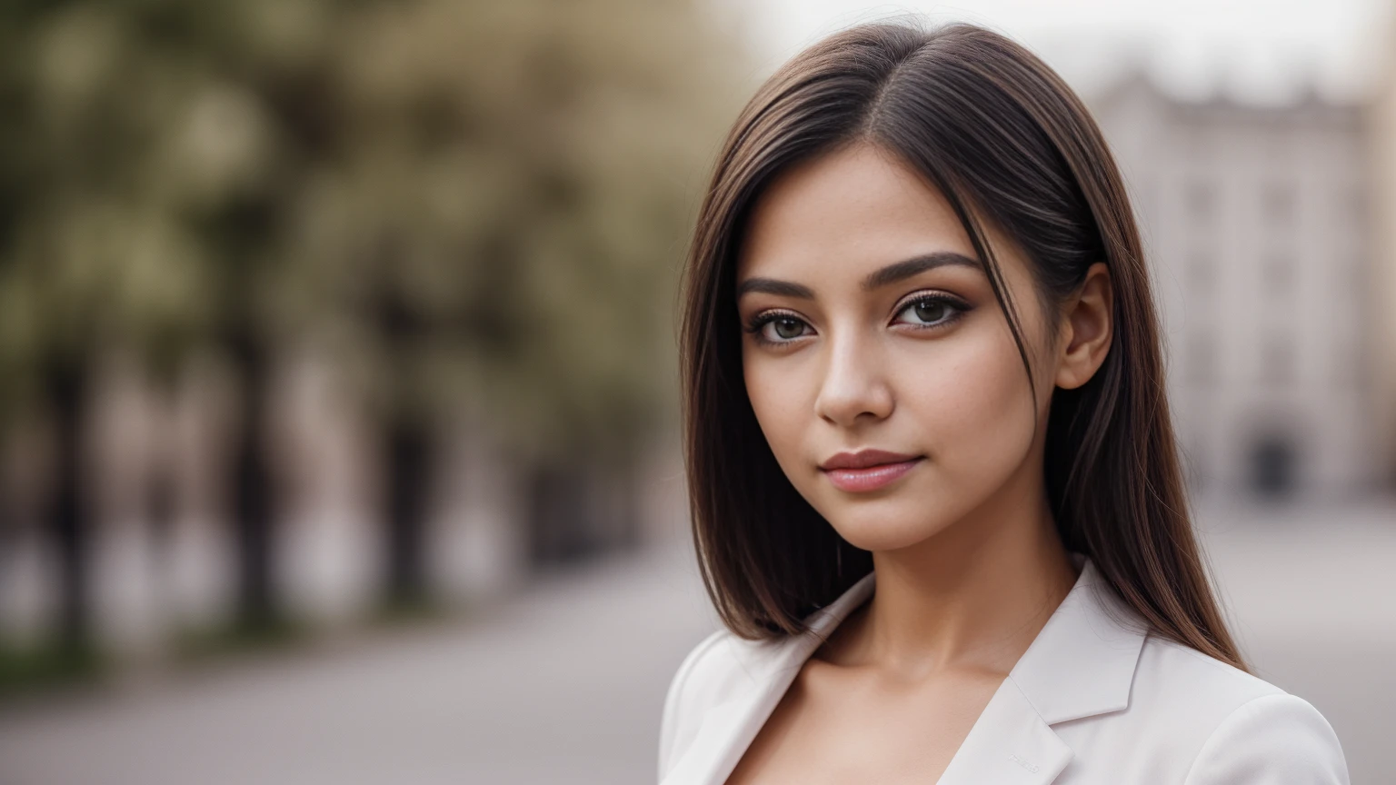 a young business girl with clear focused eyes, delicate facial features, long eyelashes, beautiful detailed eyes, beautiful detailed lips, extremely detailed face, solo, portrait, looking at camera, natural lighting, serene expression, soft lighting, high quality, 8k, masterpiece, photorealistic, professional, cinematic, elegant, beautiful, (sharp focus), shiny face skin, black hair