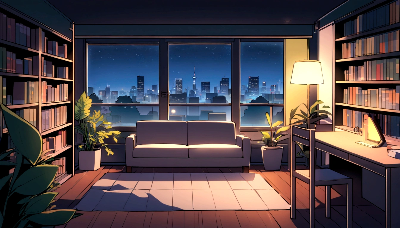 A window with a view of the Tokyo skyline at night、Bookshelf, sofa and desk、Foliage plant、shinkai makoto
