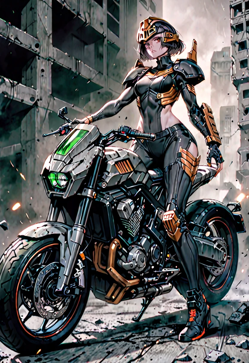 female, solo, tall woman, athletic, judge dredd outfit, futuristic, concrete, dreary, helmet, frown, ballistic armor, huge handgun, medium shot, motorcycle
