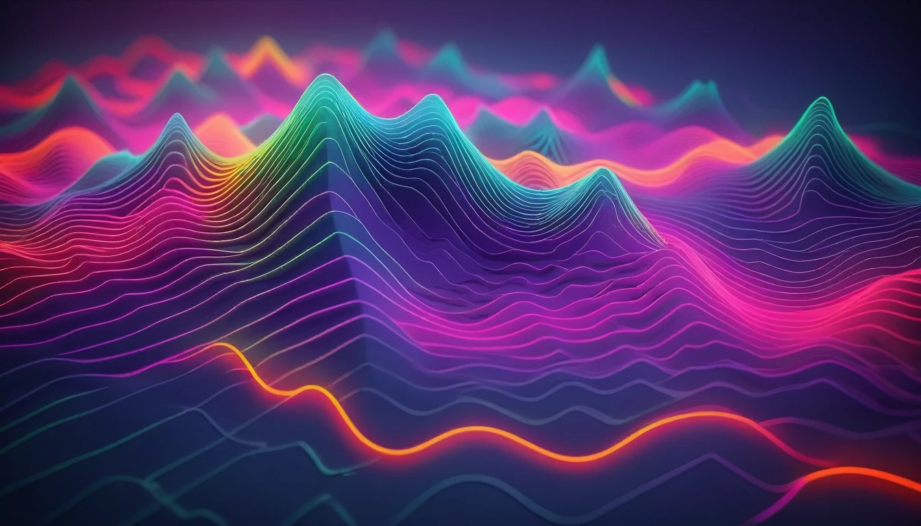 3D Isometric, Blender Rendering, Soft colors, (Bright neon lines:2), Military Topographic Map, (Long wavy hair:1.4), Foggy, Blurred, Blurred geometric gradient background with two tone lighting, Abstract geometric gradient, geometric shapes, Simple Background