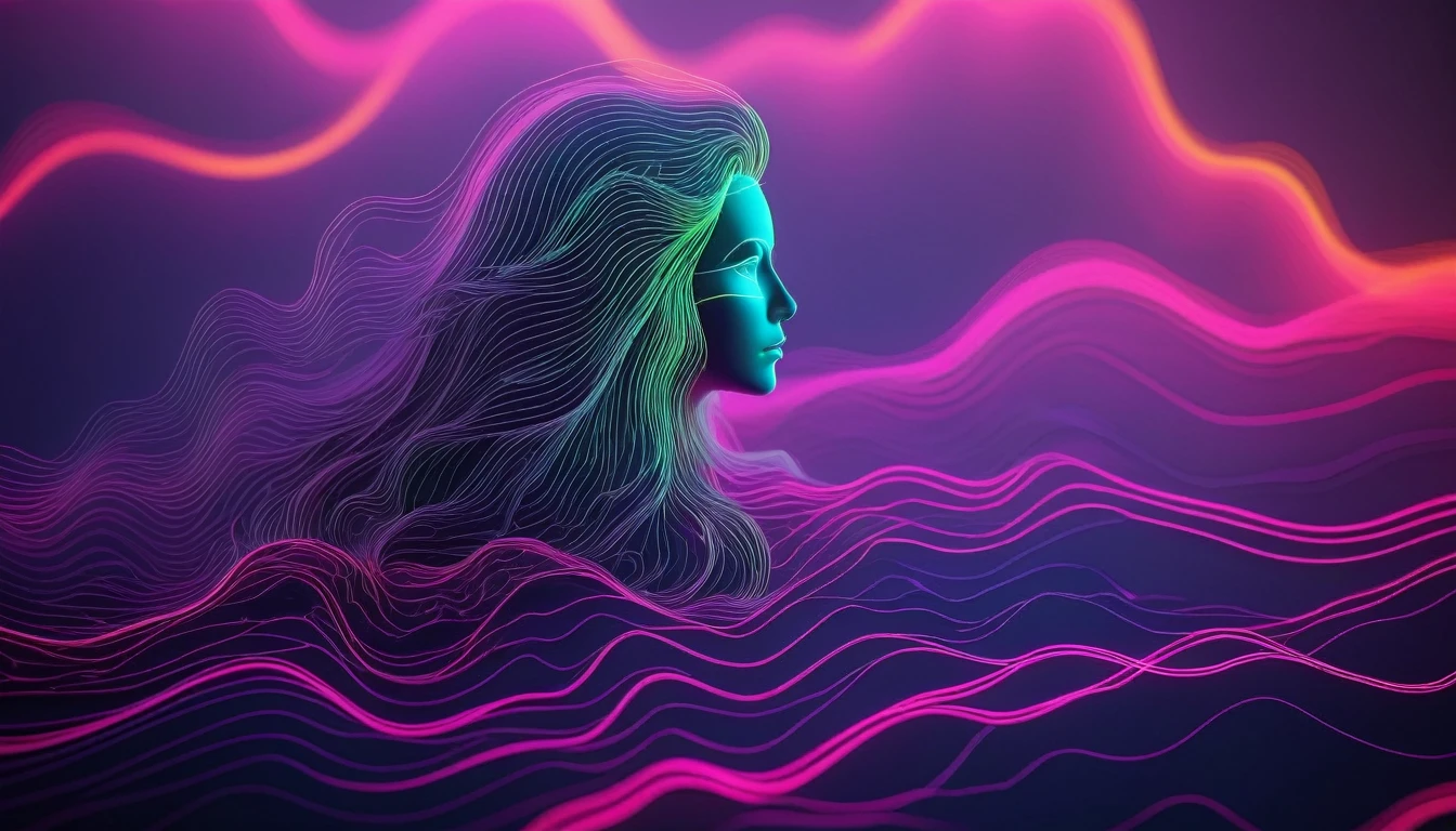 3D Isometric, Blender Rendering, Soft colors, (Bright neon lines:2), Military Topographic Map, (Long wavy hair:1.4), Foggy, Blurred, Blurred geometric gradient background with two tone lighting, Abstract geometric gradient, geometric shapes, Simple Background