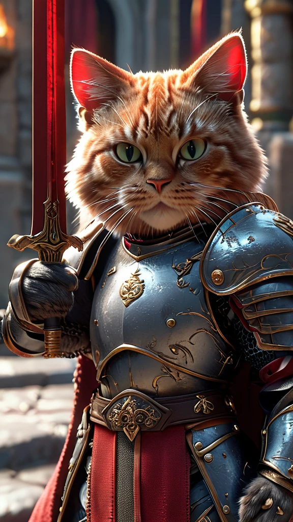 Close-up shot of a cat, whole body, Has a red sword, Wearing dark armor, Castle Background, High resolution, masterpiece, Highest quality, Super detailed, Super detailed, Ultra-realistic,
Hong Kong Style, 3D Fluffy, Cute and adorable close-ups, Cute big round reflective eyes, Long fuzzy fur, Pixar Rendering, unreal engine Cinematic smooth, Exquisite detail, Cinematic