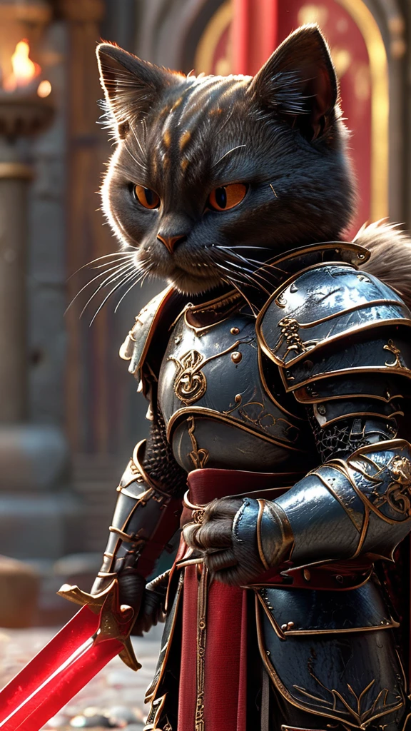 Close-up shot of a cat, whole body, Has a red sword, Wearing dark armor, Castle Background, High resolution, masterpiece, Highest quality, Super detailed, Super detailed, Ultra-realistic,
Hong Kong Style, 3D Fluffy, Cute and adorable close-ups, Cute big round reflective eyes, Long fuzzy fur, Pixar Rendering, unreal engine Cinematic smooth, Exquisite detail, Cinematic