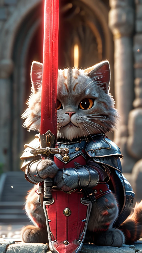 Close-up shot of a cat, whole body, Has a red sword, Wearing dark armor, Castle Background, High resolution, masterpiece, Highest quality, Super detailed, Super detailed, Ultra-realistic,
 Hong Kong Style, 3D Fluffy, Cute and adorable close-ups, Cute big round reflective eyes, Long fuzzy fur, Pixar Rendering, unreal engine Cinematic smooth, Exquisite detail, Cinematic